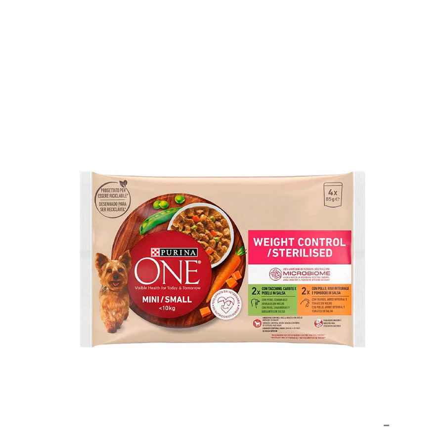 Purina One Mini Adulto Comida Húmida para Cão Saquetas Controlo de Peso 4 x 85 gr