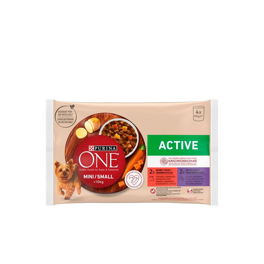 Purina One Mini Active Comida Húmida para Cão Vaca e Pato 4 x 85 gr
