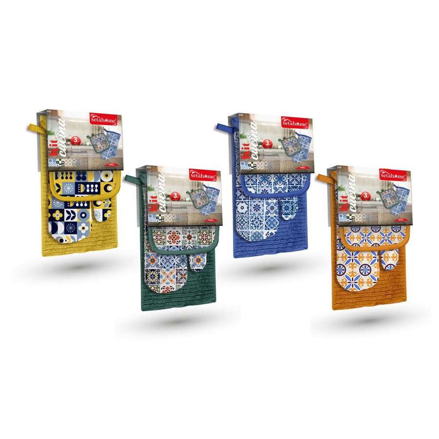 Kit Cozinha 3 Peças - Luva, Toalha e Pega
