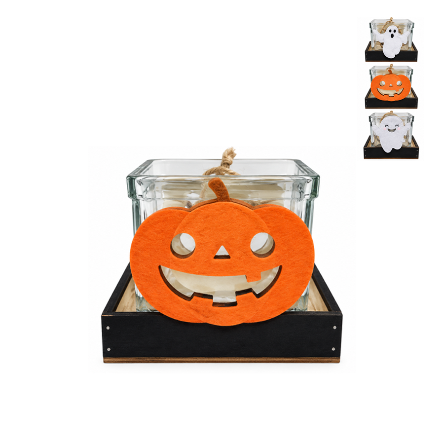 Porta-Velas de Vidro com Base de Madeira Halloween