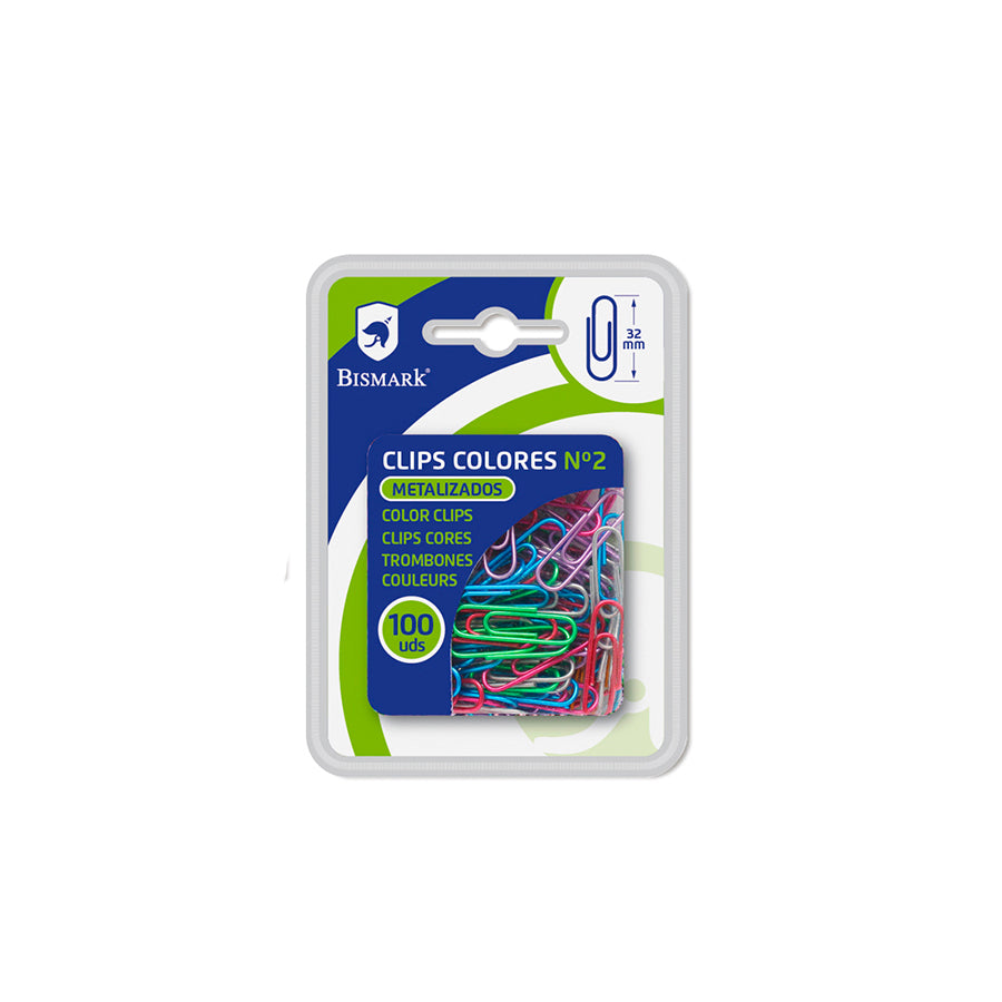 Bismark Pack 100 Clips Metalicos Coloridos Nº2 32 mm