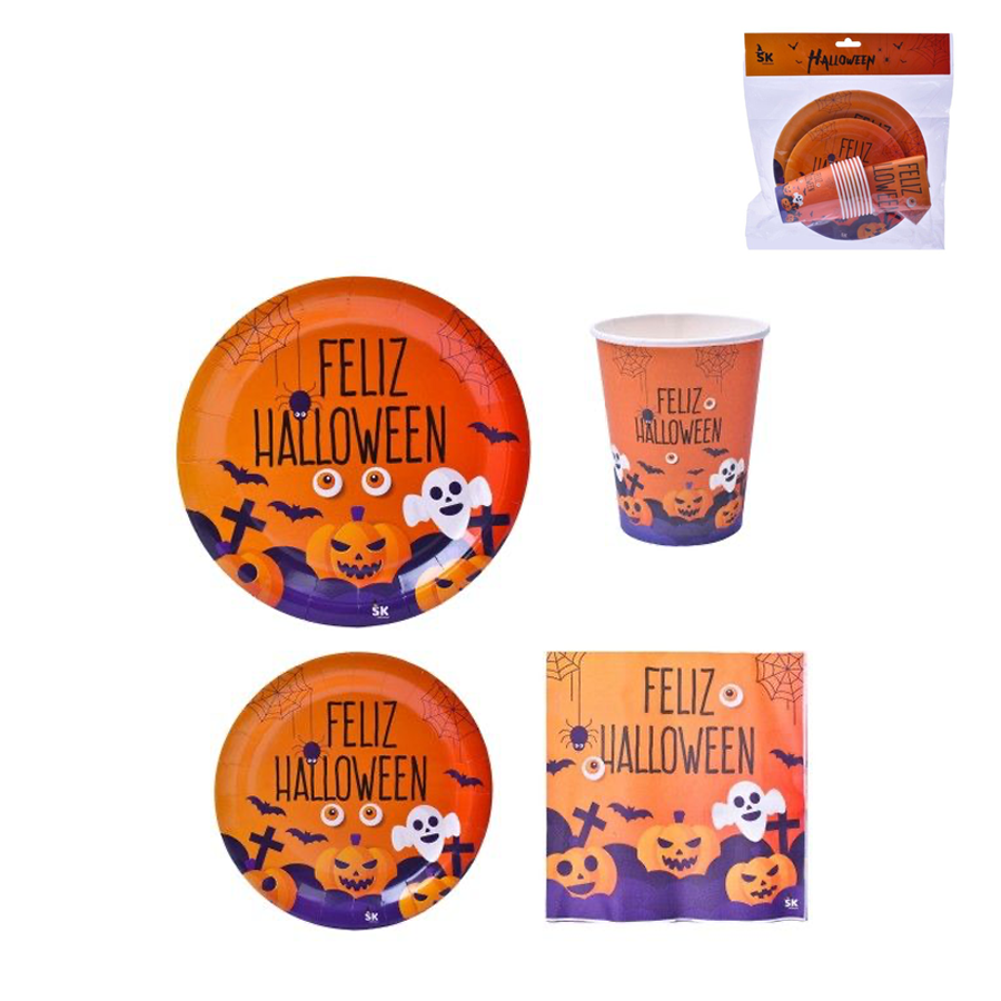 Conjunto de 32 Pratos, Copos e Guardanapos Halloween